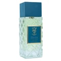 Bujairami Hectic — Clear faceted glass perfume bottle with blue cap next to blue presentation box with gold logo