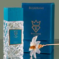 Bujairami Hectic — Clear faceted glass perfume bottle with blue cap next to blue presentation box with gold logo