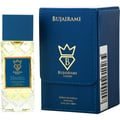 Bujairami Hectic — Clear faceted glass perfume bottle with blue cap next to blue presentation box with gold logo