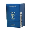 Bujairami Hectic — Clear faceted glass perfume bottle with blue cap next to blue presentation box with gold logo