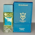 Bujairami Hectic — Clear faceted glass perfume bottle with blue cap next to blue presentation box with gold logo