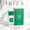 Bujairami Ibiza by Bujairami 100ml Extrait de Parfum — Clear faceted glass bottle with green cap and label next to a green