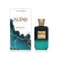 Khadlaj Island Extrait de Parfum — A perfume bottle with a dark green gradient and a gold textured cap sits next to its matching box, which features a white background with abstract green and gold marbling and palm leaf motifs. | Khadlaj Island Extrait de Parfum — Botol minyak wangi dengan gradien hijau gelap dan