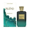 Khadlaj Island Extrait de Parfum — A perfume bottle with a dark green gradient and a gold textured cap sits next to its matching box, which features a white background with abstract green and gold marbling and palm leaf motifs. | Khadlaj Island Extrait de Parfum — Botol minyak wangi dengan gradien hijau gelap dan