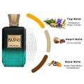 Khadlaj Island Extrait de Parfum — A perfume bottle with a dark green gradient and a gold textured cap sits next to its matching box, which features a white background with abstract green and gold marbling and palm leaf motifs. | Khadlaj Island Extrait de Parfum — Botol minyak wangi dengan gradien hijau gelap dan
