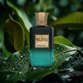 Khadlaj Island Extrait de Parfum — A perfume bottle with a dark green gradient and a gold textured cap sits next to its matching box, which features a white background with abstract green and gold marbling and palm leaf motifs. | Khadlaj Island Extrait de Parfum — Botol minyak wangi dengan gradien hijau gelap dan