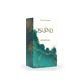 Khadlaj Island Extrait de Parfum — A perfume bottle with a dark green gradient and a gold textured cap sits next to its matching box, which features a white background with abstract green and gold marbling and palm leaf motifs. | Khadlaj Island Extrait de Parfum — Botol minyak wangi dengan gradien hijau gelap dan