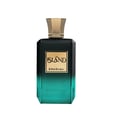Khadlaj Island Extrait de Parfum — A perfume bottle with a dark green gradient and a gold textured cap sits next to its matching box, which features a white background with abstract green and gold marbling and palm leaf motifs. | Khadlaj Island Extrait de Parfum — Botol minyak wangi dengan gradien hijau gelap dan