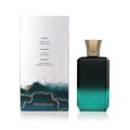 Khadlaj Island Extrait de Parfum — A perfume bottle with a dark green gradient and a gold textured cap sits next to its matching box, which features a white background with abstract green and gold marbling and palm leaf motifs. | Khadlaj Island Extrait de Parfum — Botol minyak wangi dengan gradien hijau gelap dan