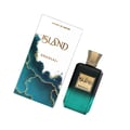 Khadlaj Island Extrait de Parfum — A perfume bottle with a dark green gradient and a gold textured cap sits next to its matching box, which features a white background with abstract green and gold marbling and palm leaf motifs. | Khadlaj Island Extrait de Parfum — Botol minyak wangi dengan gradien hijau gelap dan