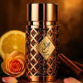 Ard Al Zaafaran Jazzab Gold Eau De Parfum 100ml — A gold-toned perfume bottle with a diamond-patterned cage sits next to its matching patterned box on a white background. | Ard Al Zaafaran Jazzab Gold Eau De Parfum 100ml — Botol minyak wangi berwarna emas dengan sangkar bermotif berlian duduk bersebelahan dengan kotak