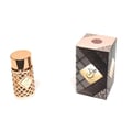 Ard Al Zaafaran Jazzab Gold Eau De Parfum 100ml — A gold-toned perfume bottle with a diamond-patterned cage sits next to its matching patterned box on a white background. | Ard Al Zaafaran Jazzab Gold Eau De Parfum 100ml — Botol minyak wangi berwarna emas dengan sangkar bermotif berlian duduk bersebelahan dengan kotak