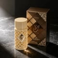 Ard Al Zaafaran Jazzab Gold Eau De Parfum 100ml — A gold-toned perfume bottle with a diamond-patterned cage sits next to its matching patterned box on a white background. | Ard Al Zaafaran Jazzab Gold Eau De Parfum 100ml — Botol minyak wangi berwarna emas dengan sangkar bermotif berlian duduk bersebelahan dengan kotak