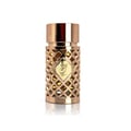 Ard Al Zaafaran Jazzab Gold Eau De Parfum 100ml — A gold-toned perfume bottle with a diamond-patterned cage sits next to its matching patterned box on a white background. | Ard Al Zaafaran Jazzab Gold Eau De Parfum 100ml — Botol minyak wangi berwarna emas dengan sangkar bermotif berlian duduk bersebelahan dengan kotak