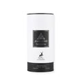 Maison Alhambra Jean Lowe Fantasme — Blue liquid in a clear glass bottle with a black cap, next to a white textured cylindrical box with black labels featuring a deer logo and text. | Maison Alhambra Jean Lowe Fantasme — Cecair biru dalam botol kaca jernih bertutup hitam, bersebelahan kotak silinder bertekstur putih