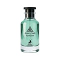 Maison Alhambra Jean Lowe Fantasme — Blue liquid in a clear glass bottle with a black cap, next to a white textured cylindrical box with black labels featuring a deer logo and text. | Maison Alhambra Jean Lowe Fantasme — Cecair biru dalam botol kaca jernih bertutup hitam, bersebelahan kotak silinder bertekstur putih