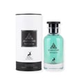 Maison Alhambra Jean Lowe Fantasme — Blue liquid in a clear glass bottle with a black cap, next to a white textured cylindrical box with black labels featuring a deer logo and text. | Maison Alhambra Jean Lowe Fantasme — Cecair biru dalam botol kaca jernih bertutup hitam, bersebelahan kotak silinder bertekstur putih