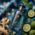 Maison Alhambra Jean Lowe Fantasme — Blue liquid in a clear glass bottle with a black cap, next to a white textured cylindrical box with black labels featuring a deer logo and text. | Maison Alhambra Jean Lowe Fantasme — Cecair biru dalam botol kaca jernih bertutup hitam, bersebelahan kotak silinder bertekstur putih