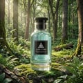 Maison Alhambra Jean Lowe Fantasme — Blue liquid in a clear glass bottle with a black cap, next to a white textured cylindrical box with black labels featuring a deer logo and text. | Maison Alhambra Jean Lowe Fantasme — Cecair biru dalam botol kaca jernih bertutup hitam, bersebelahan kotak silinder bertekstur putih