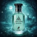 Maison Alhambra Jean Lowe Fantasme — Blue liquid in a clear glass bottle with a black cap, next to a white textured cylindrical box with black labels featuring a deer logo and text. | Maison Alhambra Jean Lowe Fantasme — Cecair biru dalam botol kaca jernih bertutup hitam, bersebelahan kotak silinder bertekstur putih