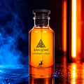 Maison Alhambra Jean Lowe Summer Vibes 100ml Alhambra — A perfume bottle with a gradient of yellow to orange to red liquid, set against a bright yellow box and a white cylindrical case. | Maison Alhambra Jean Lowe Summer Vibes 100ml Alhambra — Botol minyak wangi dengan cecair gradien dari kuning ke jingga ke merah
