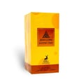 Maison Alhambra Jean Lowe Summer Vibes 100ml Alhambra — A perfume bottle with a gradient of yellow to orange to red liquid, set against a bright yellow box and a white cylindrical case. | Maison Alhambra Jean Lowe Summer Vibes 100ml Alhambra — Botol minyak wangi dengan cecair gradien dari kuning ke jingga ke merah