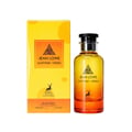 Maison Alhambra Jean Lowe Summer Vibes 100ml Alhambra — A perfume bottle with a gradient of yellow to orange to red liquid, set against a bright yellow box and a white cylindrical case. | Maison Alhambra Jean Lowe Summer Vibes 100ml Alhambra — Botol minyak wangi dengan cecair gradien dari kuning ke jingga ke merah