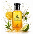 Maison Alhambra Jean Lowe Summer Vibes 100ml Alhambra — A perfume bottle with a gradient of yellow to orange to red liquid, set against a bright yellow box and a white cylindrical case. | Maison Alhambra Jean Lowe Summer Vibes 100ml Alhambra — Botol minyak wangi dengan cecair gradien dari kuning ke jingga ke merah