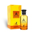 Maison Alhambra Jean Lowe Summer Vibes 100ml Alhambra — A perfume bottle with a gradient of yellow to orange to red liquid, set against a bright yellow box and a white cylindrical case. | Maison Alhambra Jean Lowe Summer Vibes 100ml Alhambra — Botol minyak wangi dengan cecair gradien dari kuning ke jingga ke merah