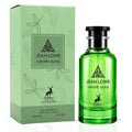 Maison Alhambra Jean Lowe Verde Aura Alhambra 100ml — A green glass perfume bottle and its matching light green box with cactus and leaf illustrations, set against a white background. | Maison Alhambra Jean Lowe Verde Aura Alhambra 100ml — Botol kaca hijau dan kotak hijau muda padanannya dengan ilustrasi kaktus dan