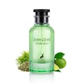 Maison Alhambra Jean Lowe Verde Aura Alhambra 100ml — A green glass perfume bottle and its matching light green box with cactus and leaf illustrations, set against a white background. | Maison Alhambra Jean Lowe Verde Aura Alhambra 100ml — Botol kaca hijau dan kotak hijau muda padanannya dengan ilustrasi kaktus dan