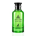 Maison Alhambra Jean Lowe Verde Aura Alhambra 100ml — A green glass perfume bottle and its matching light green box with cactus and leaf illustrations, set against a white background. | Maison Alhambra Jean Lowe Verde Aura Alhambra 100ml — Botol kaca hijau dan kotak hijau muda padanannya dengan ilustrasi kaktus dan