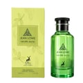 Maison Alhambra Jean Lowe Verde Aura Alhambra 100ml — A green glass perfume bottle and its matching light green box with cactus and leaf illustrations, set against a white background. | Maison Alhambra Jean Lowe Verde Aura Alhambra 100ml — Botol kaca hijau dan kotak hijau muda padanannya dengan ilustrasi kaktus dan