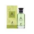 Maison Alhambra Jean Lowe Verde Aura Alhambra 100ml — A green glass perfume bottle and its matching light green box with cactus and leaf illustrations, set against a white background. | Maison Alhambra Jean Lowe Verde Aura Alhambra 100ml — Botol kaca hijau dan kotak hijau muda padanannya dengan ilustrasi kaktus dan