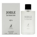 Maison Alhambra Jorge Di Profumo Aqua — A white box and a frosted glass bottle of Jorge Di Profumo Aqua perfume, with a deer logo on both. | Maison Alhambra Jorge Di Profumo Aqua — Kotak putih dan botol kaca beku minyak wangi Jorge Di Profumo Aqua, dengan logo rusa pada kedua-duanya.