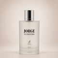Maison Alhambra Jorge Di Profumo Aqua — A white box and a frosted glass bottle of Jorge Di Profumo Aqua perfume, with a deer logo on both. | Maison Alhambra Jorge Di Profumo Aqua — Kotak putih dan botol kaca beku minyak wangi Jorge Di Profumo Aqua, dengan logo rusa pada kedua-duanya.