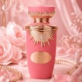 Lattafa Jouri Lattafa Women 100ml EDP — Pink perfume bottle with gold accents and a matching pink box, featuring sunburst design and Arabic script.