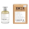 Paris Corner Just Bergamot Emir Factory Edition Man 100ml — A brown cardboard box with product details and a clear glass perfume bottle with a silver cap, both featuring the "EMIR factory edition" branding. | Paris Corner Just Bergamot Emir Factory Edition Man 100ml — Kotak kadbod coklat dengan butiran produk dan