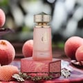Paris Corner Khair Fusion Her 100ml — Red and gold patterned box next to a frosted pink perfume bottle with a gold textured cap. | Paris Corner Khair Fusion Her 100ml — Kotak corak merah dan emas di sebelah botol minyak wangi merah jambu beku dengan penutup bertekstur emas.