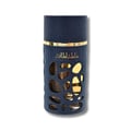 Lattafa Khalta Blend Of Lattafa Eau De Parfum 100ml — A dark blue perfume bottle with gold accents and a cutout design, next to its matching dark box and cap, all on a white reflective surface. | Lattafa Khalta Blend Of Lattafa Eau De Parfum 100ml — Botol minyak wangi biru gelap dengan aksen emas dan rekaan potongan