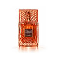 Lattafa Khamrah Mira by Lattafa EDP Unisex — Amber glass perfume bottle with a textured cap, next to its pink and blue watercolor-style box with gold accents.