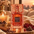 Lattafa Khamrah Mira by Lattafa EDP Unisex — Amber glass perfume bottle with a textured cap, next to its pink and blue watercolor-style box with gold accents.