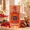 Lattafa Khamrah Mira by Lattafa EDP Unisex — Amber glass perfume bottle with a textured cap, next to its pink and blue watercolor-style box with gold accents.