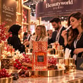 Lattafa Khamrah Mira by Lattafa EDP Unisex — Amber glass perfume bottle with a textured cap, next to its pink and blue watercolor-style box with gold accents.