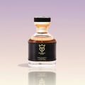 Bujairami Kingsman — A clear glass perfume bottle with a black leather band and gold accents sits next to its dark brown