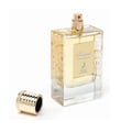 Maison Alhambra Kismet for Women 100ml by Maison Alhambra — A white box and a clear glass perfume bottle with gold accents and a deer emblem, displayed against a white background. | Maison Alhambra Kismet for Women 100ml by Maison Alhambra — Peti putih dan botol minyak wangi kaca jernih dengan perincian emas dan