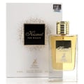 Maison Alhambra Kismet for Women 100ml by Maison Alhambra — A white box and a clear glass perfume bottle with gold accents and a deer emblem, displayed against a white background. | Maison Alhambra Kismet for Women 100ml by Maison Alhambra — Peti putih dan botol minyak wangi kaca jernih dengan perincian emas dan