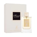 Maison Alhambra Kismet for Women 100ml by Maison Alhambra — A white box and a clear glass perfume bottle with gold accents and a deer emblem, displayed against a white background. | Maison Alhambra Kismet for Women 100ml by Maison Alhambra — Peti putih dan botol minyak wangi kaca jernih dengan perincian emas dan