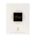 Maison Alhambra Kismet for Women 100ml by Maison Alhambra — A white box and a clear glass perfume bottle with gold accents and a deer emblem, displayed against a white background. | Maison Alhambra Kismet for Women 100ml by Maison Alhambra — Peti putih dan botol minyak wangi kaca jernih dengan perincian emas dan