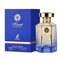 Maison Alhambra Kismet Lunar Magic 100ml — A clear glass perfume bottle with a gold cap and blue gradient base sits next to its matching blue and gold box on a white background. | Maison Alhambra Kismet Lunar Magic 100ml — Botol minyak wangi kaca jernih dengan penutup emas dan tapak gradien biru terletak di sebelah